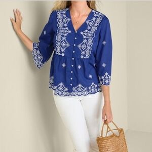 Soft Surroundings Shona Embroidered Top Royal Blue Peplum Blouse Women's Size L